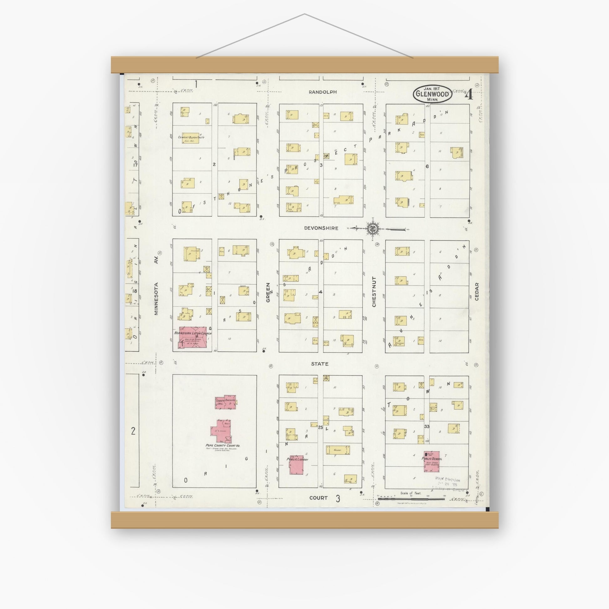 Old map wall art mockup — magnetic wood frame on white wall — Sanborn Fire Insurance Map from Glenwood, Pope County, Minnesota (1917), Sheet #0004