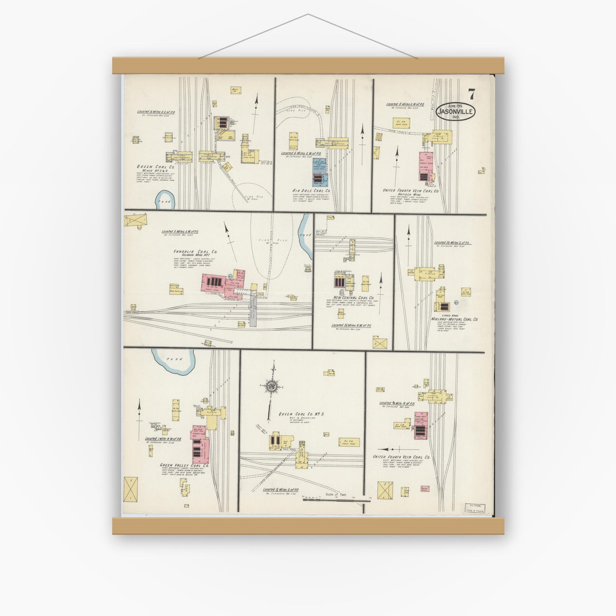 Old map wall art mockup — magnetic wood frame on white wall — Sanborn Fire Insurance Map from Jasonville, Greene County, Indiana (1915), Sheet #0007