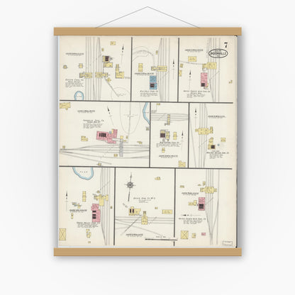 Old map wall art mockup — magnetic wood frame on white wall — Sanborn Fire Insurance Map from Jasonville, Greene County, Indiana (1915), Sheet #0007