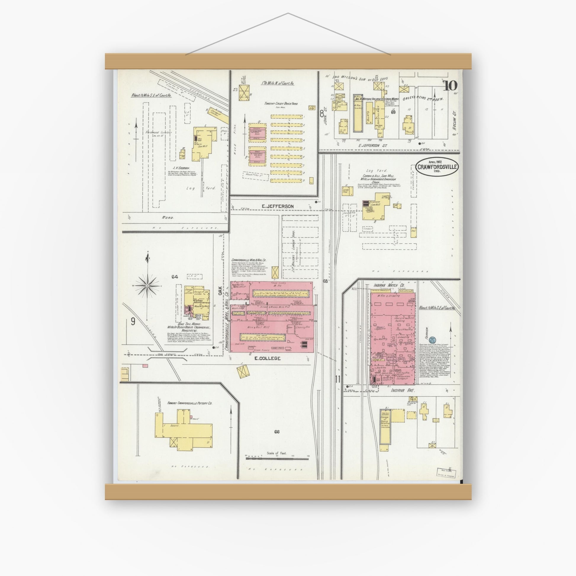 Old map wall art mockup — magnetic wood frame on white wall — Sanborn Fire Insurance Map from Crawfordsville, Montgomery County, Indiana (1902), Sheet #0010