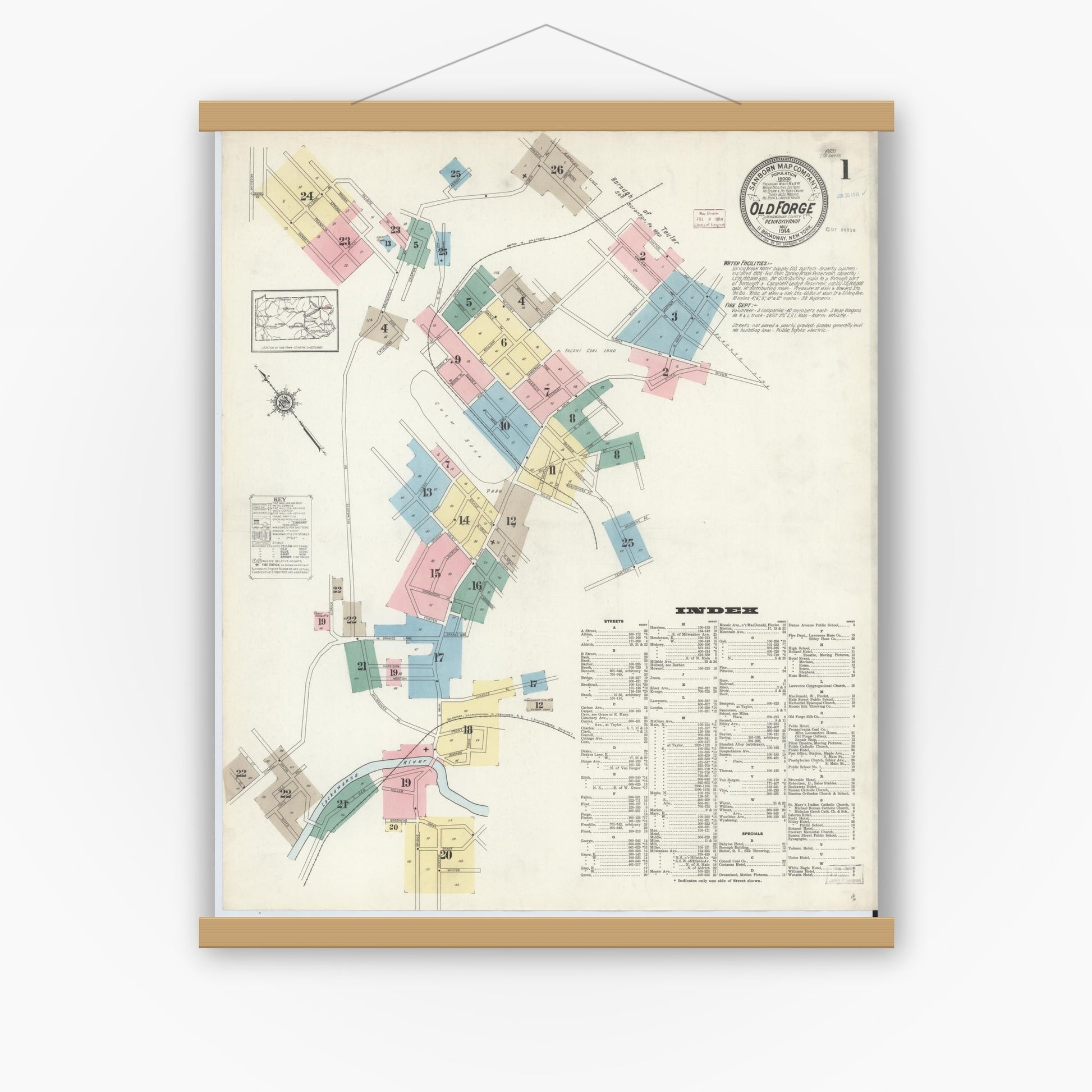 Old map wall art mockup — magnetic wood frame on white wall — Sanborn Fire Insurance Map from Old Forge, Lackawanna County, Pennsylvania (1914) - Complete Map Set