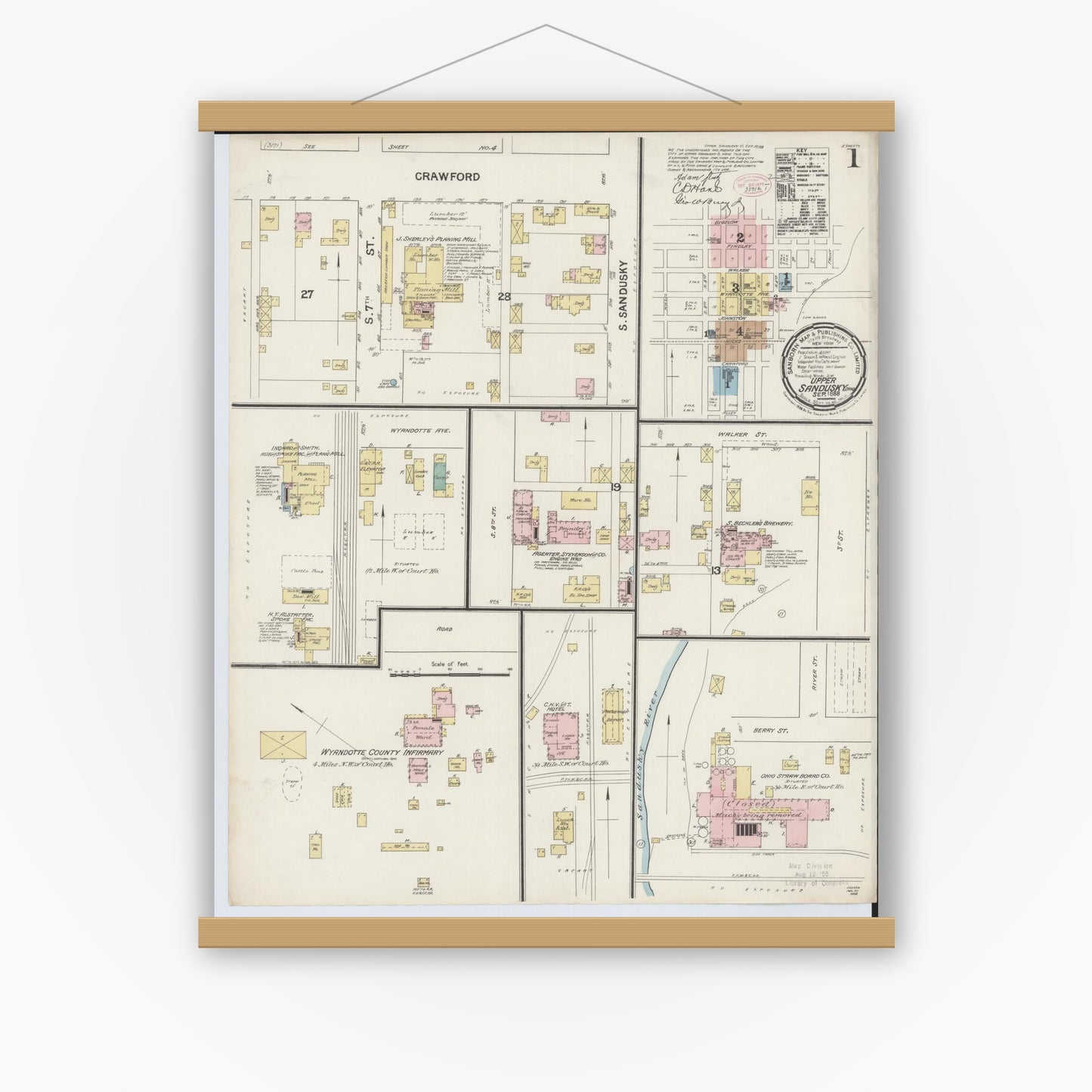 Old map wall art mockup — magnetic wood frame on white wall — Sanborn Fire Insurance Map from Upper Sandusky, Wyandot County, Ohio (1888), Sheet #0001