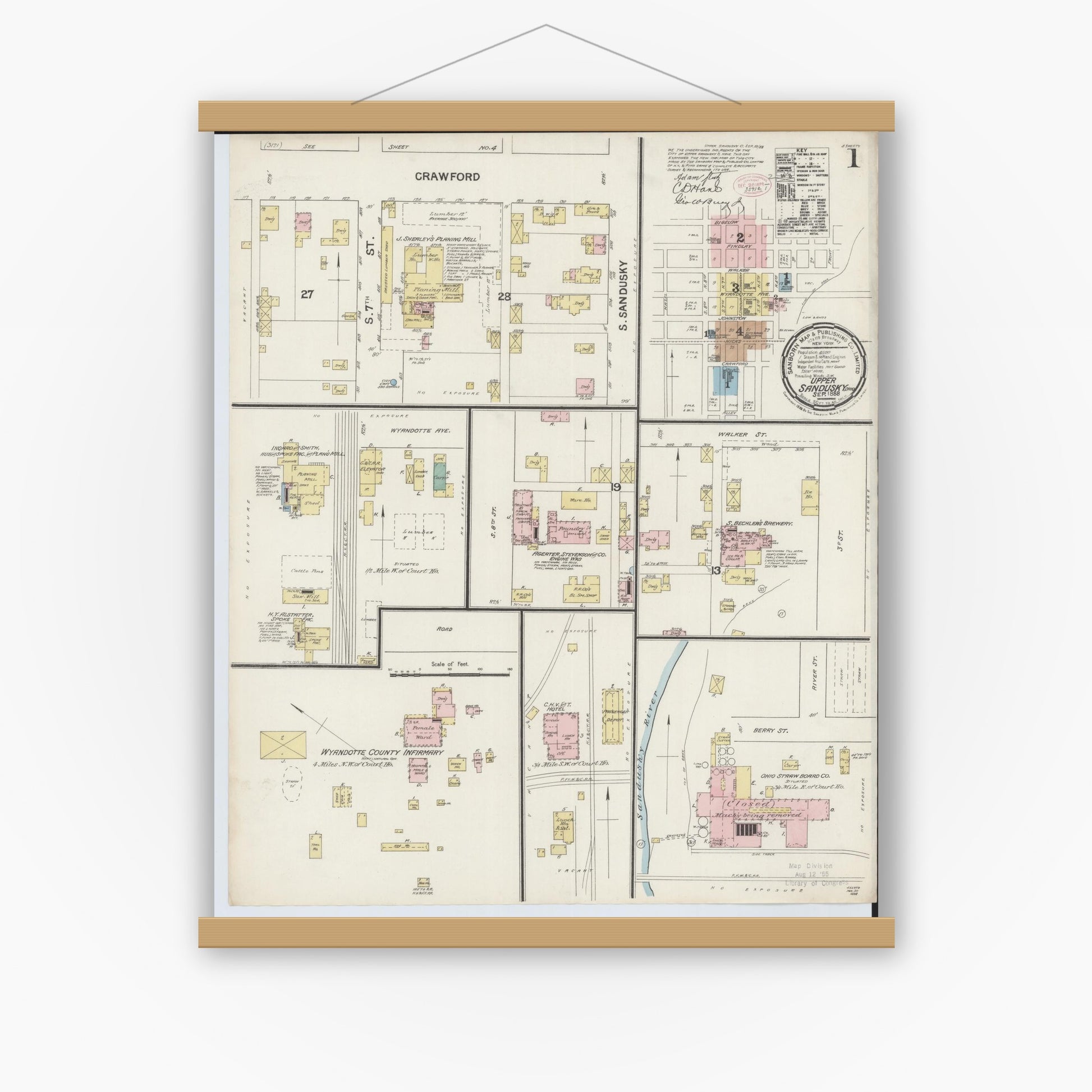 Old map wall art mockup — magnetic wood frame on white wall — Sanborn Fire Insurance Map from Upper Sandusky, Wyandot County, Ohio (1888), Sheet #0001