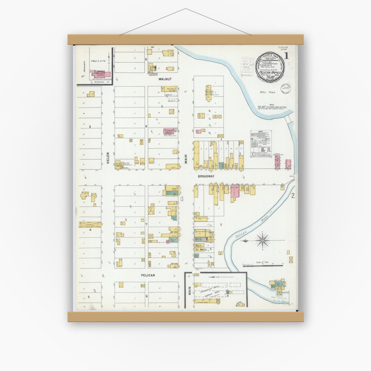 Old map wall art mockup — magnetic wood frame on white wall — Sanborn Fire Insurance Map from Pelican Rapids, Otter Tail County, Minnesota (1899) - Complete Map Set