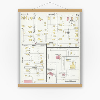 Old map wall art mockup — magnetic wood frame on white wall — Sanborn Fire Insurance Map from Macomb, Mcdonough County, Illinois (1910), Sheet #0009