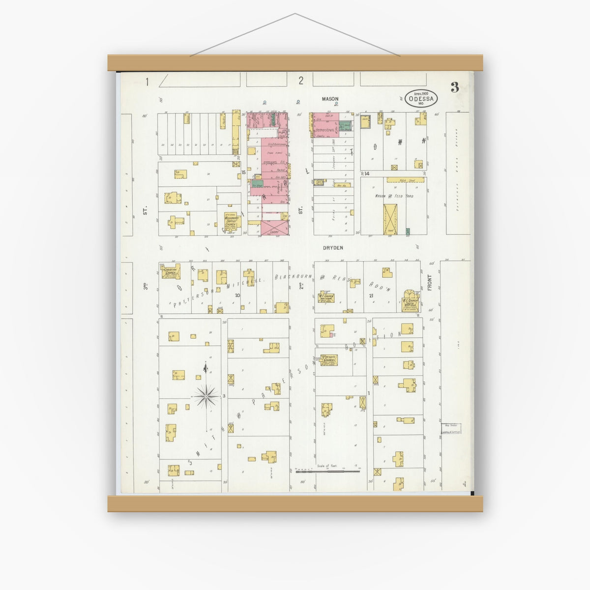 Old map wall art mockup — magnetic wood frame on white wall — Sanborn Fire Insurance Map from Odessa, Lafayette County, Missouri (1900), Sheet #0003