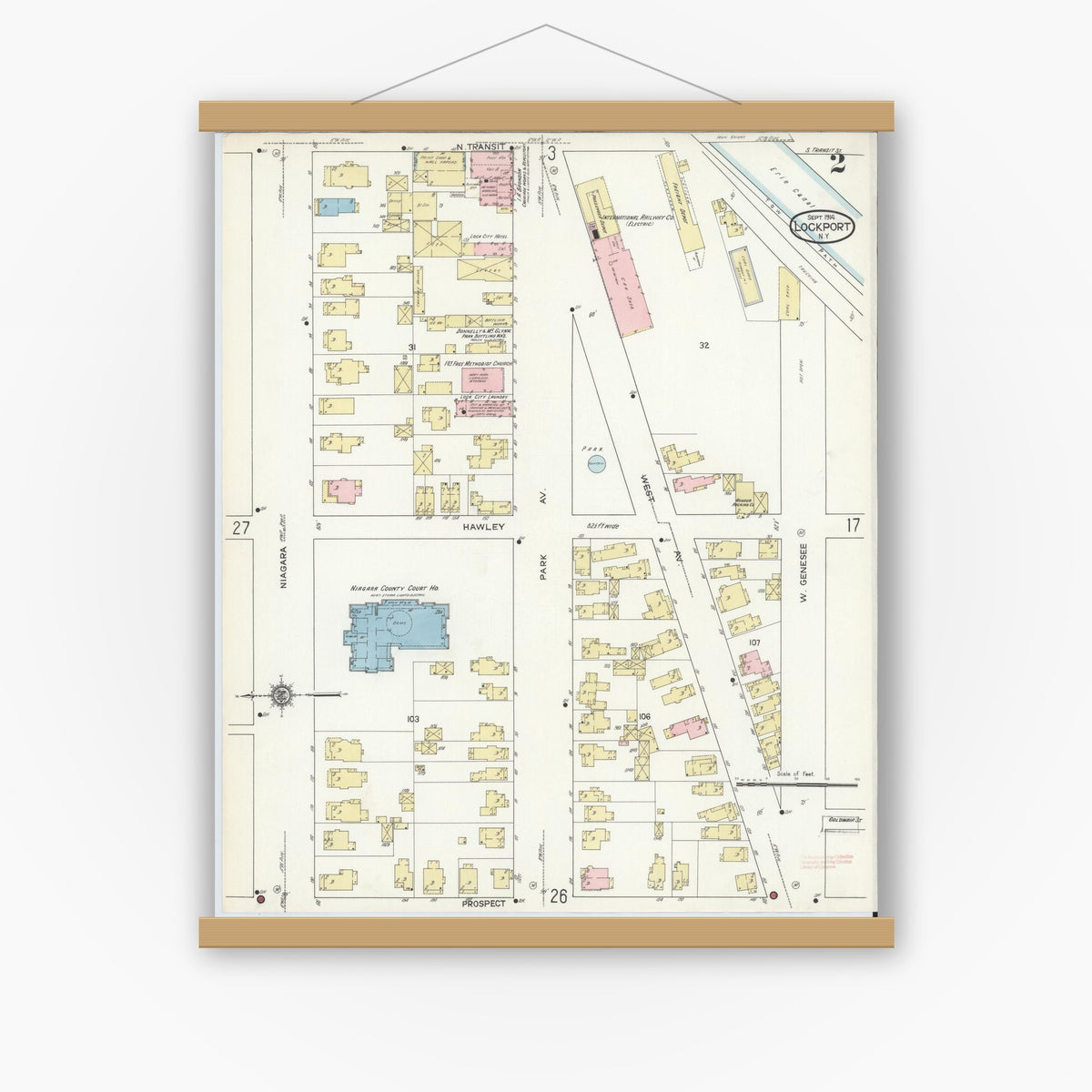 Old map wall art mockup — magnetic wood frame on white wall — Sanborn Fire Insurance Map from Lockport, Niagara County, New York (1914) - Complete Map Set