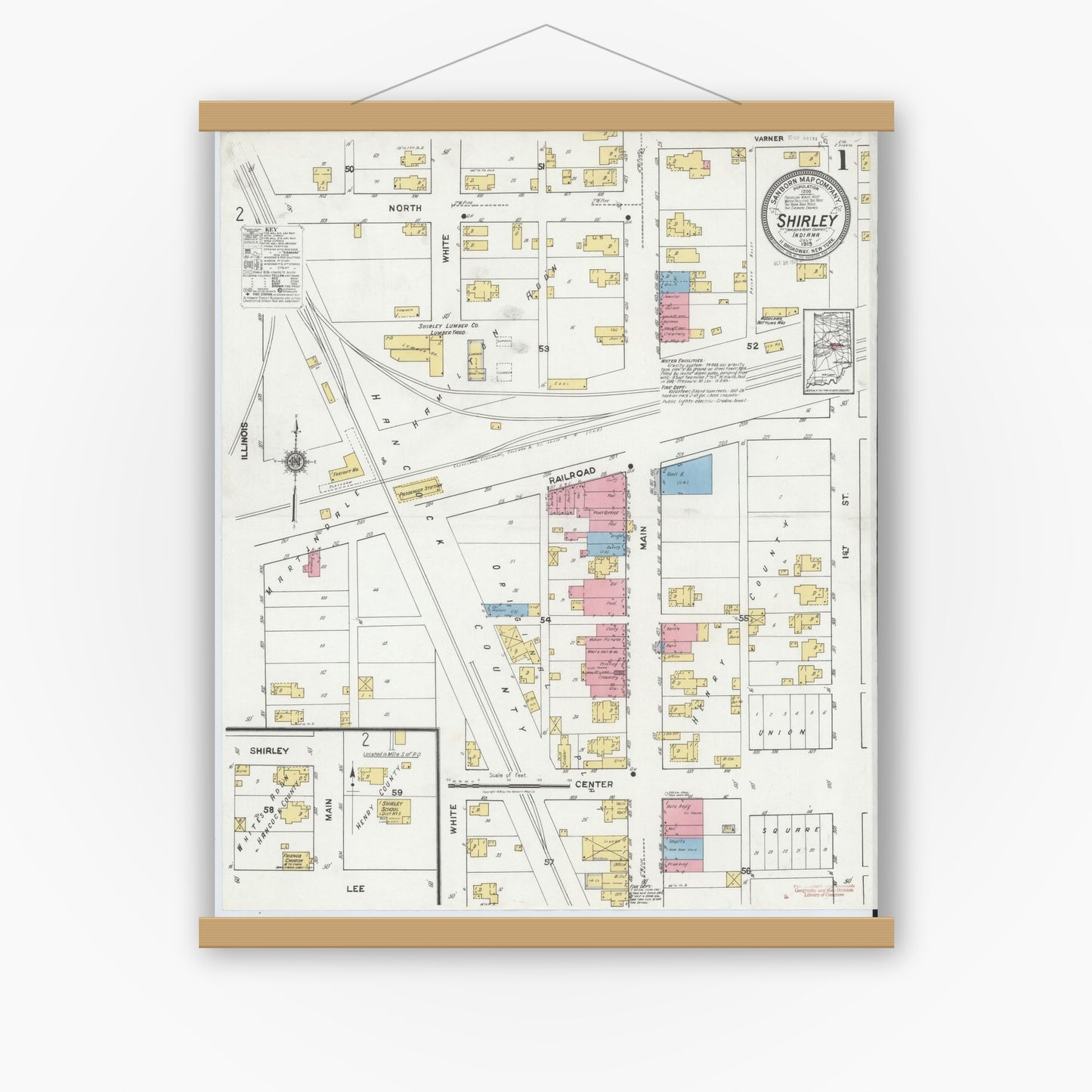 Old map wall art mockup — magnetic wood frame on white wall — Sanborn Fire Insurance Map from Shirley, Hancock And Henry Counties, Indiana (1919) - Complete Map Set