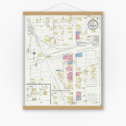 Old map wall art mockup — magnetic wood frame on white wall — Sanborn Fire Insurance Map from Shirley, Hancock And Henry Counties, Indiana (1919) - Complete Map Set