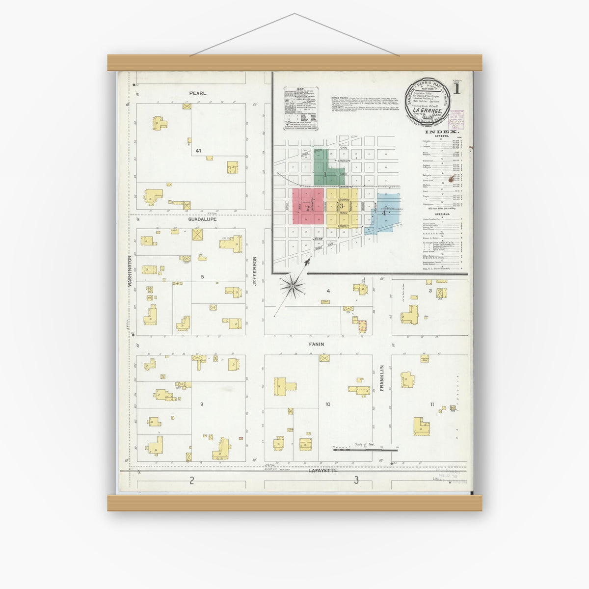 Old map wall art mockup — magnetic wood frame on white wall — Sanborn Fire Insurance Map from La Grange, Fayette County, Texas (1901) - Complete Map Set
