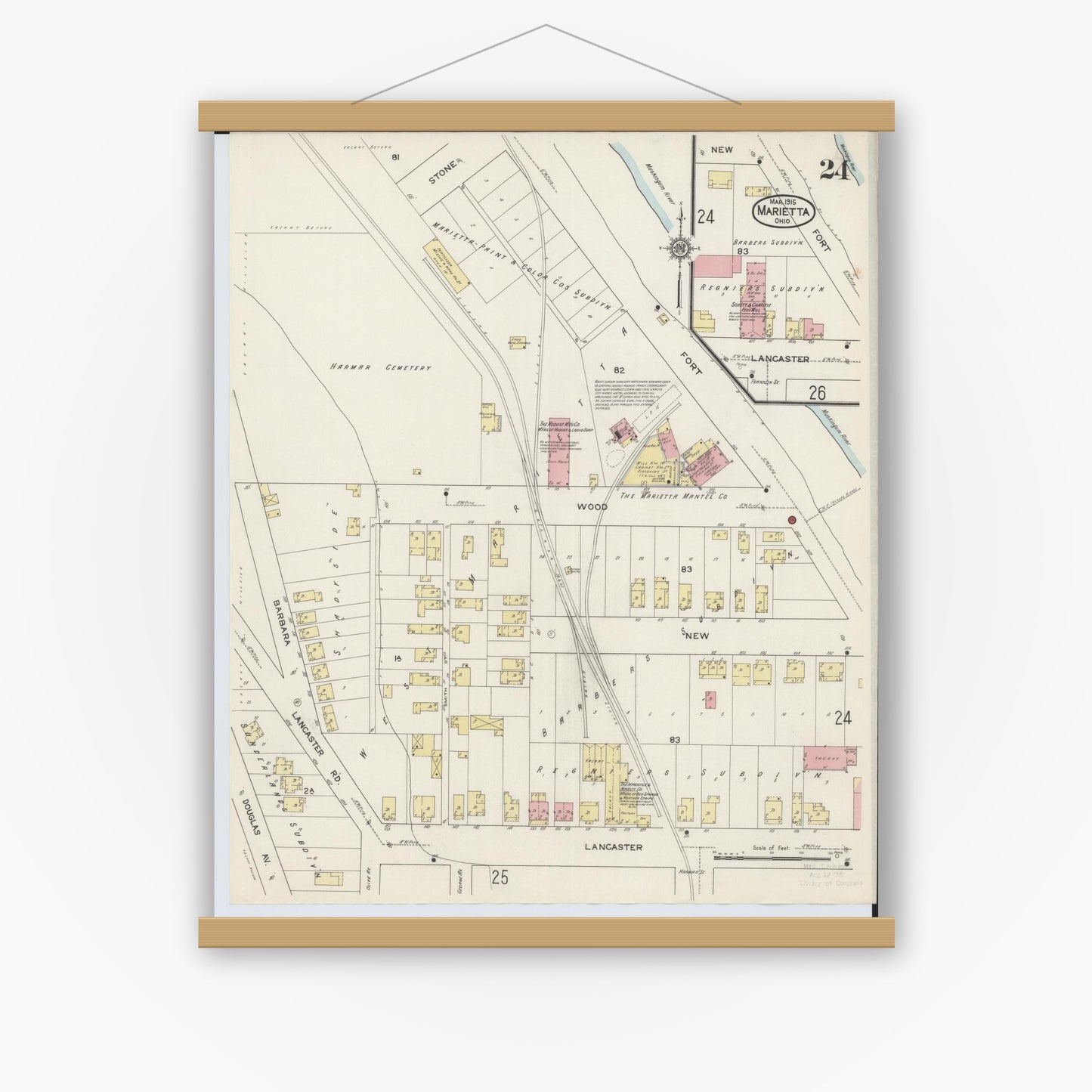 Old map wall art mockup — magnetic wood frame on white wall — Sanborn Fire Insurance Map from Marietta, Washington County, Ohio (1915), Sheet #0024