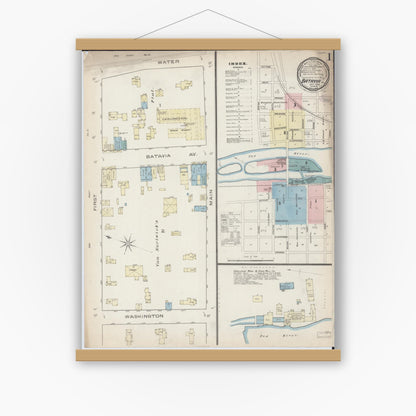 Old map wall art mockup — magnetic wood frame on white wall — Sanborn Fire Insurance Map from Batavia, Kane County, Illinois (1885) - Complete Map Set