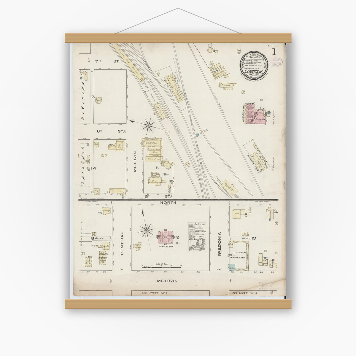 Old map wall art mockup — magnetic wood frame on white wall — Sanborn Fire Insurance Map from Longview, Gregg County, Texas (1885), Sheet #0001