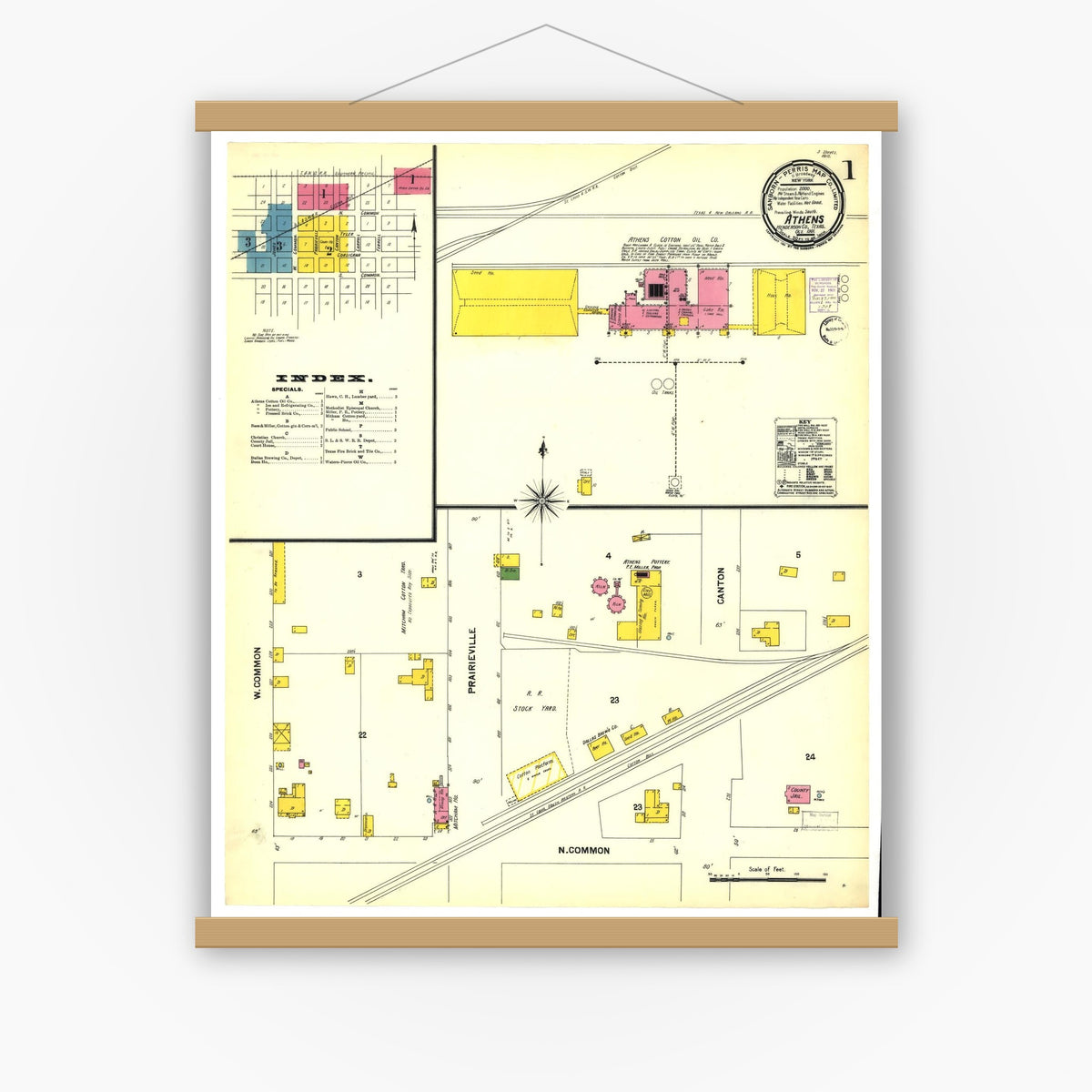 Old map wall art mockup — magnetic wood frame on white wall — Sanborn Fire Insurance Map from Athens, Henderson County, Texas (1901), Sheet #0001