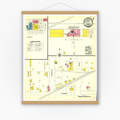 Old map wall art mockup — magnetic wood frame on white wall — Sanborn Fire Insurance Map from Athens, Henderson County, Texas (1901), Sheet #0001