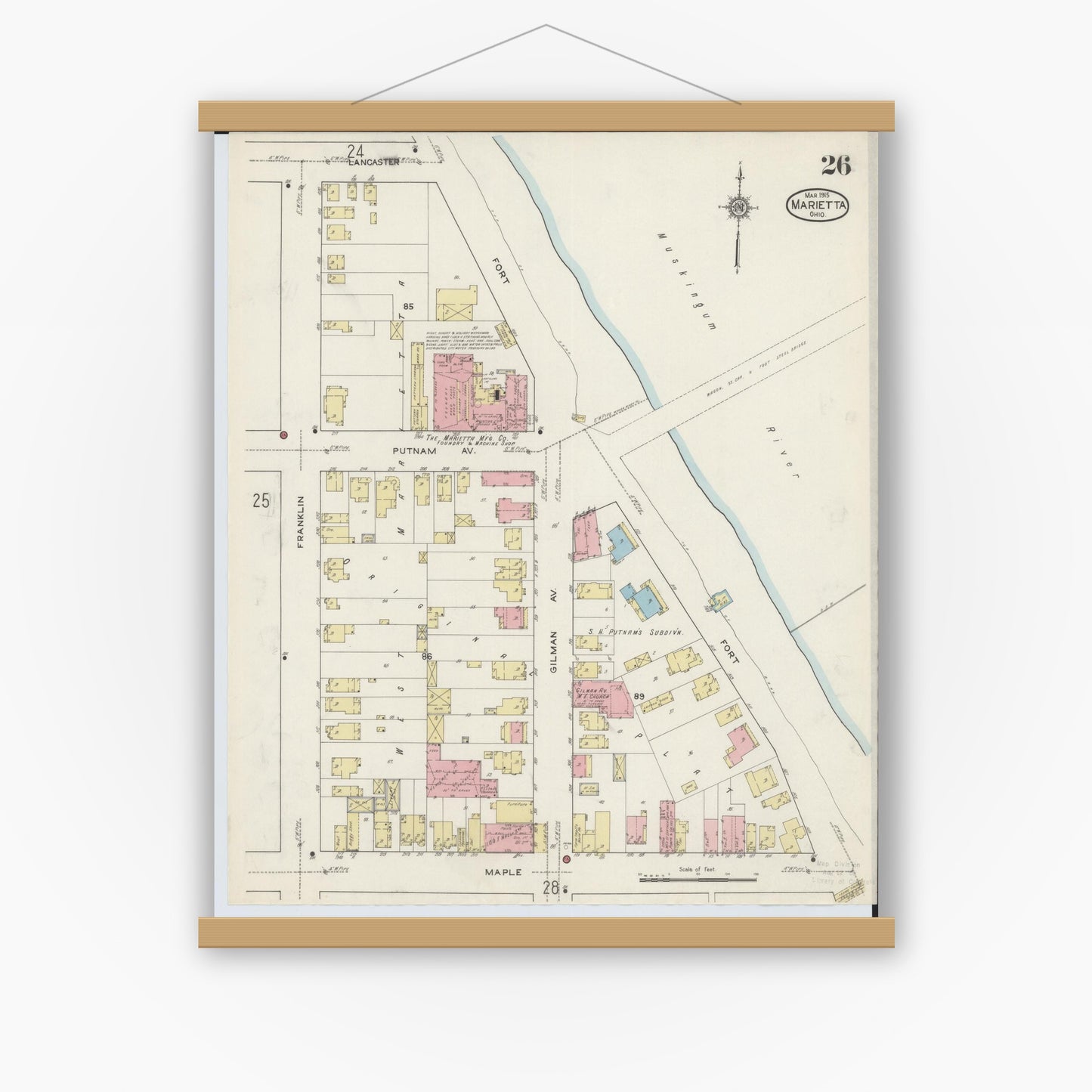 Old map wall art mockup — magnetic wood frame on white wall — Sanborn Fire Insurance Map from Marietta, Washington County, Ohio (1915), Sheet #0026