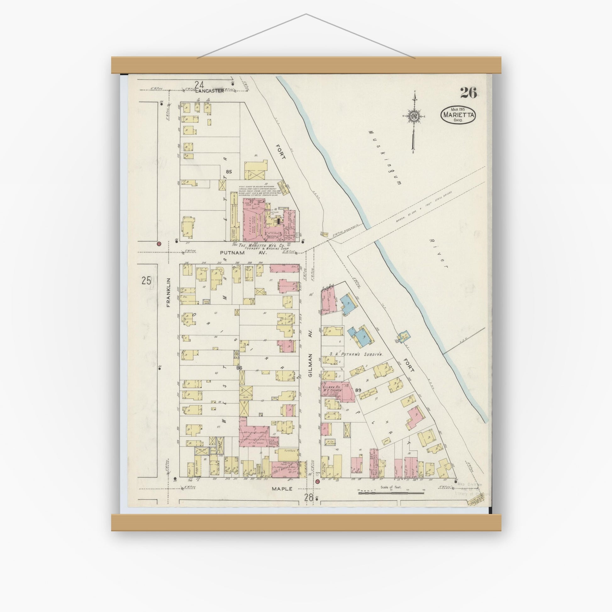 Old map wall art mockup — magnetic wood frame on white wall — Sanborn Fire Insurance Map from Marietta, Washington County, Ohio (1915), Sheet #0026