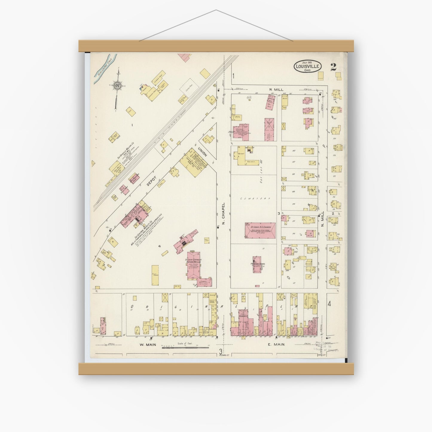 Old map wall art mockup — magnetic wood frame on white wall — Sanborn Fire Insurance Map from Louisville, Stark County, Ohio (1915), Sheet #0002