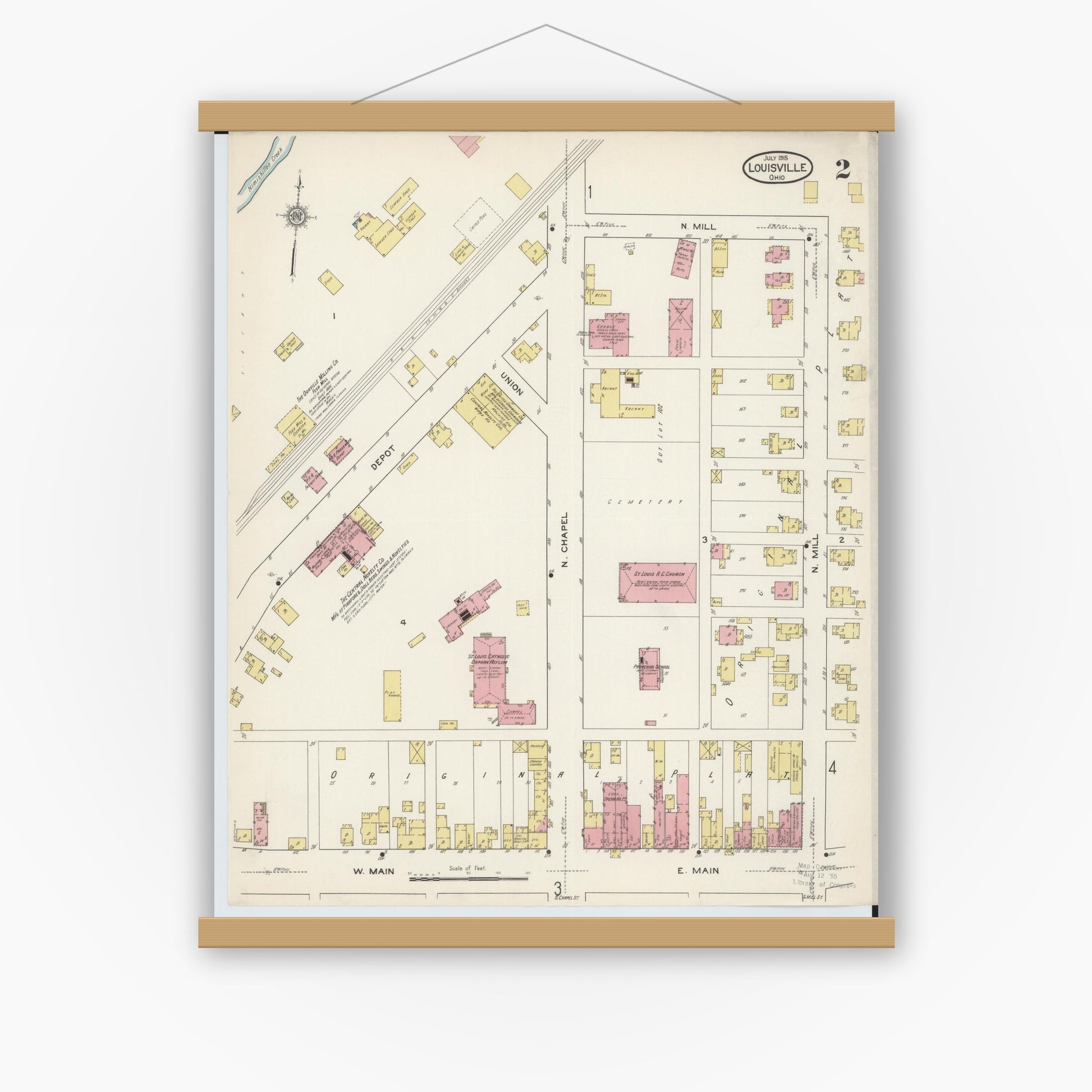 Old map wall art mockup — magnetic wood frame on white wall — Sanborn Fire Insurance Map from Louisville, Stark County, Ohio (1915), Sheet #0002