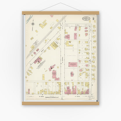Old map wall art mockup — magnetic wood frame on white wall — Sanborn Fire Insurance Map from Louisville, Stark County, Ohio (1915), Sheet #0002