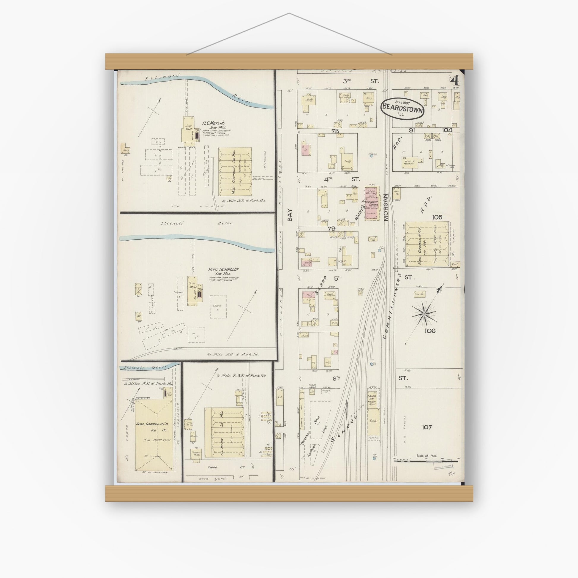 Old map wall art mockup — magnetic wood frame on white wall — Sanborn Fire Insurance Map from Beardstown, Cass County, Illinois (1887), Sheet #0004