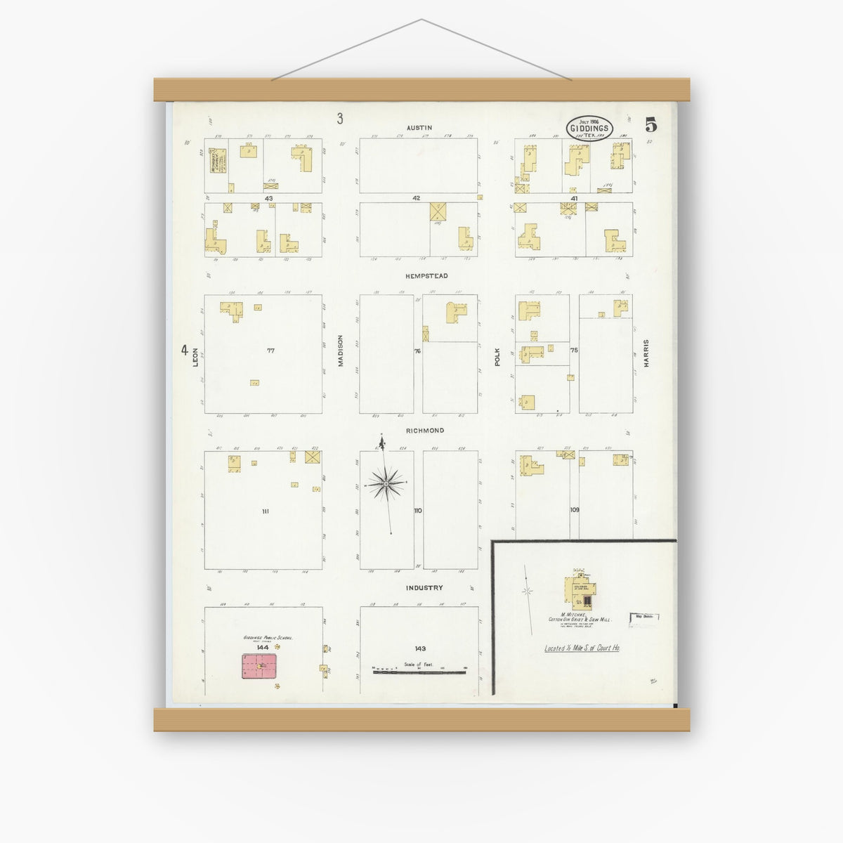 Old map wall art mockup — magnetic wood frame on white wall — Sanborn Fire Insurance Map from Giddings, Lee County, Texas (1906), Sheet #0005
