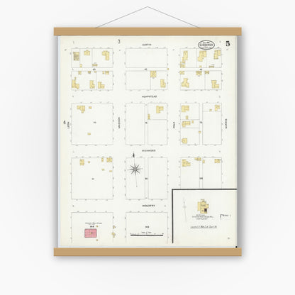 Old map wall art mockup — magnetic wood frame on white wall — Sanborn Fire Insurance Map from Giddings, Lee County, Texas (1906), Sheet #0005