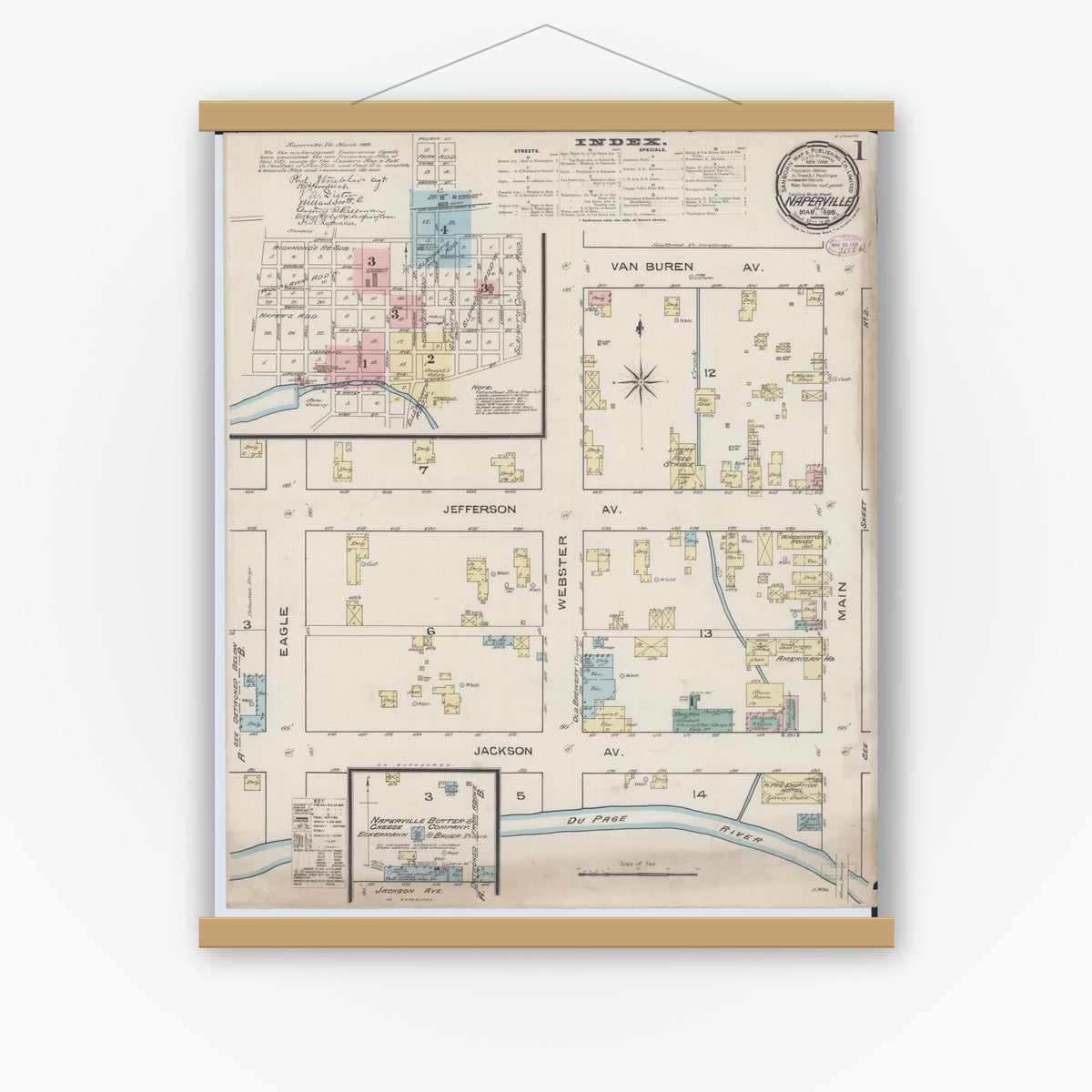 Old map wall art mockup — magnetic wood frame on white wall — Sanborn Fire Insurance Map from Naperville, Du Page County, Illinois (1886), Sheet #0001