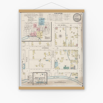 Old map wall art mockup — magnetic wood frame on white wall — Sanborn Fire Insurance Map from Naperville, Du Page County, Illinois (1886), Sheet #0001