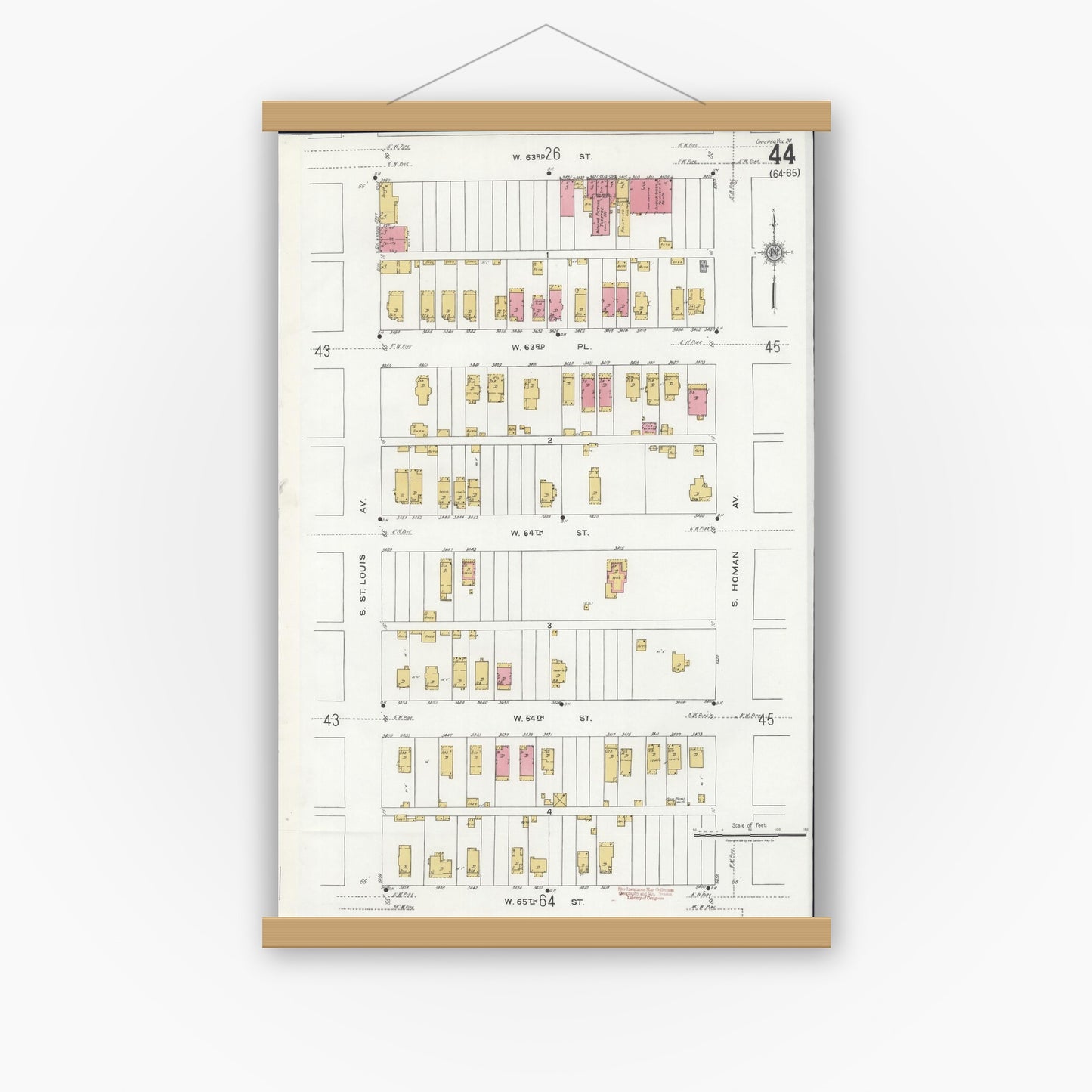 Old map wall art mockup — magnetic wood frame on white wall — Sanborn Fire Insurance Map from Chicago, Cook County, Illinois (1920), Sheet #0044