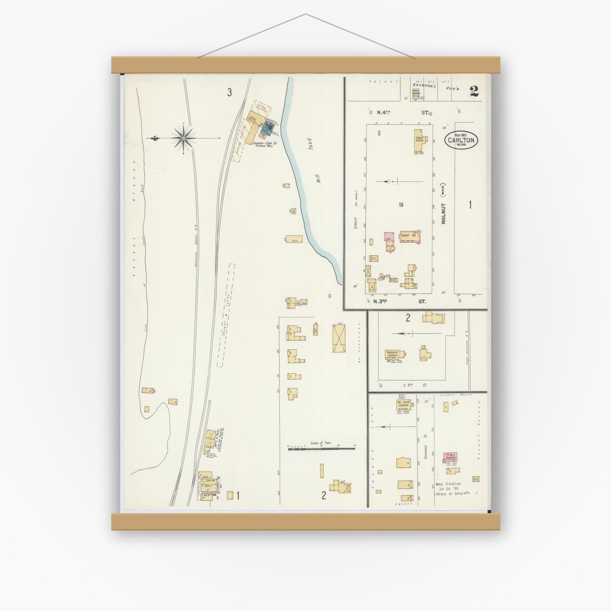 Old map wall art mockup — magnetic wood frame on white wall — Sanborn Fire Insurance Map from Carlton, Carlton County, Minnesota (1901), Sheet #0002