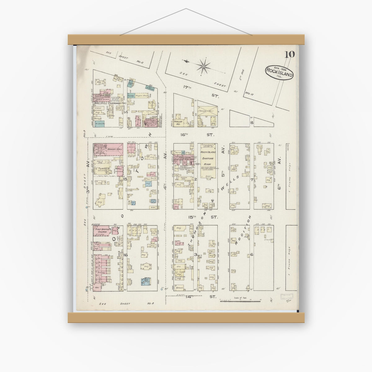 Old map wall art mockup — magnetic wood frame on white wall — Sanborn Fire Insurance Map from Rock Island, Rock Island County, Illinois (1886), Sheet #0010