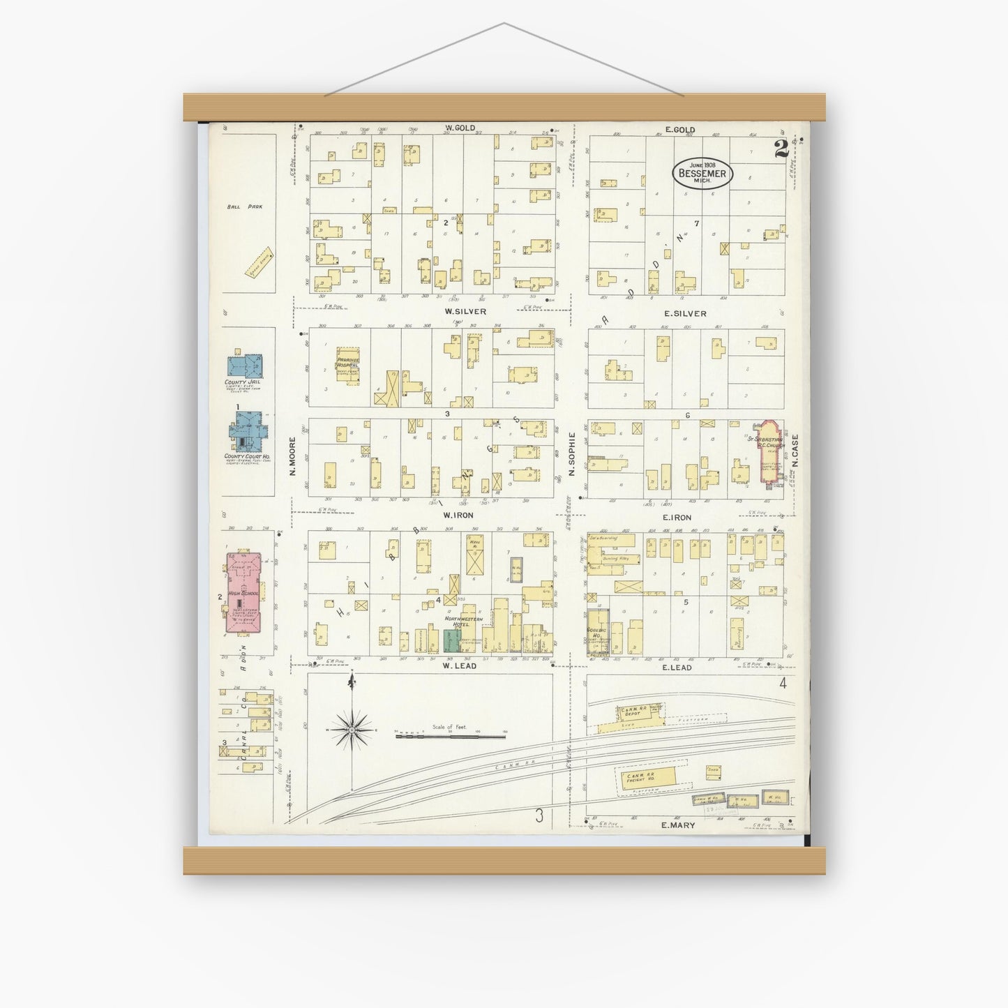 Old map wall art mockup — magnetic wood frame on white wall — Sanborn Fire Insurance Map from Bessemer, Gogebic County, Michigan (1908), Sheet #0002