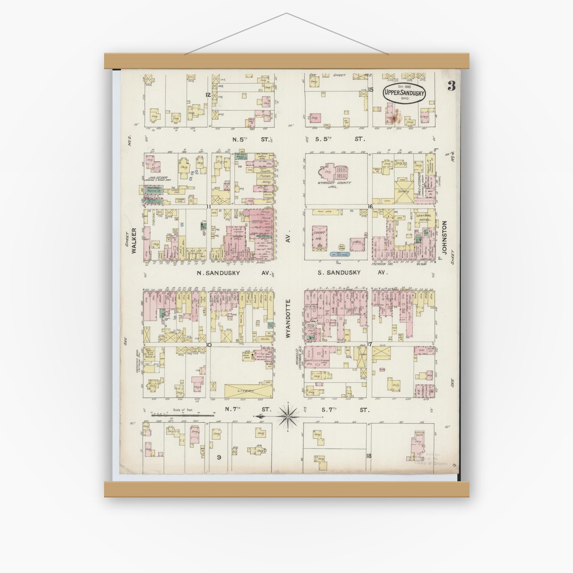 Old map wall art mockup — magnetic wood frame on white wall — Sanborn Fire Insurance Map from Upper Sandusky, Wyandot County, Ohio (1888), Sheet #0003