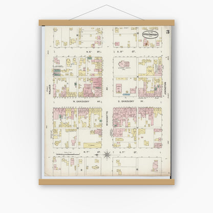 Old map wall art mockup — magnetic wood frame on white wall — Sanborn Fire Insurance Map from Upper Sandusky, Wyandot County, Ohio (1888), Sheet #0003