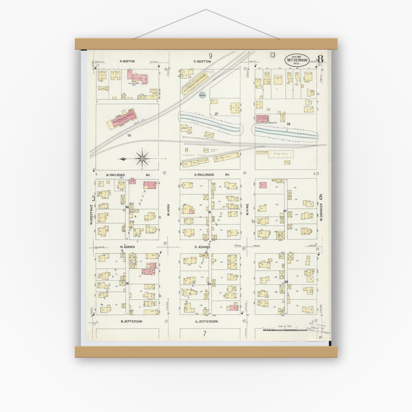 Old map wall art mockup — magnetic wood frame on white wall — Sanborn Fire Insurance Map from Mount Vernon, Knox County, Ohio (1907), Sheet #0008