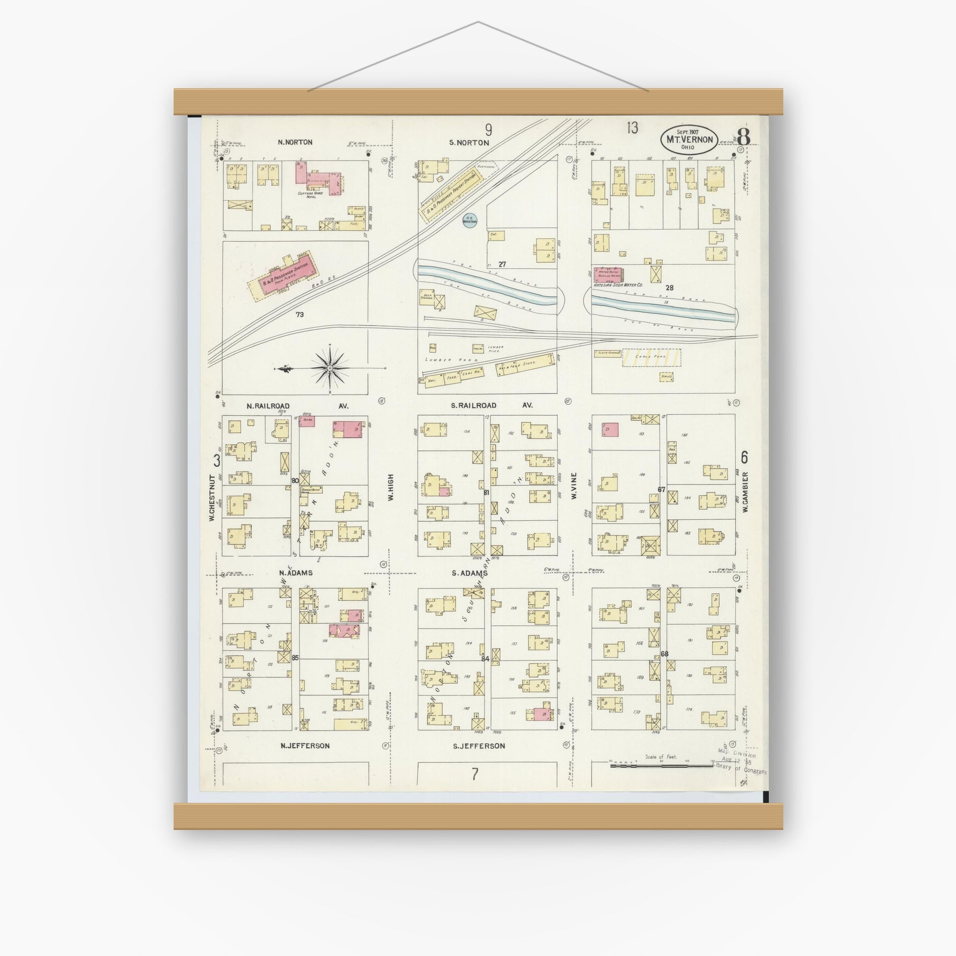 Old map wall art mockup — magnetic wood frame on white wall — Sanborn Fire Insurance Map from Mount Vernon, Knox County, Ohio (1907), Sheet #0008