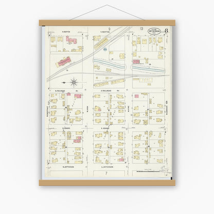 Old map wall art mockup — magnetic wood frame on white wall — Sanborn Fire Insurance Map from Mount Vernon, Knox County, Ohio (1907), Sheet #0008