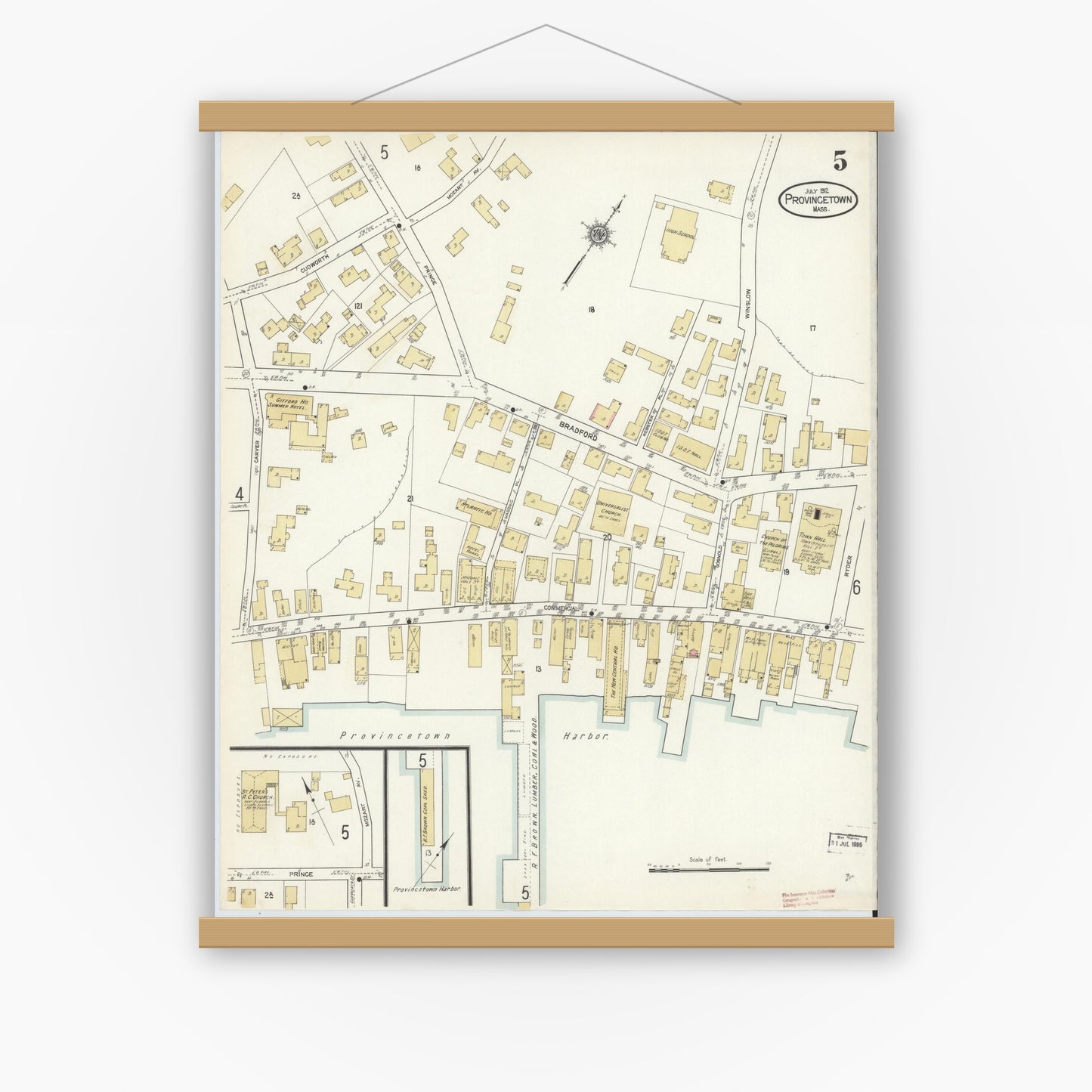 Old map wall art mockup — magnetic wood frame on white wall — Sanborn Fire Insurance Map from Provincetown, Barnstable County, Massachusetts (1912), Sheet #0005