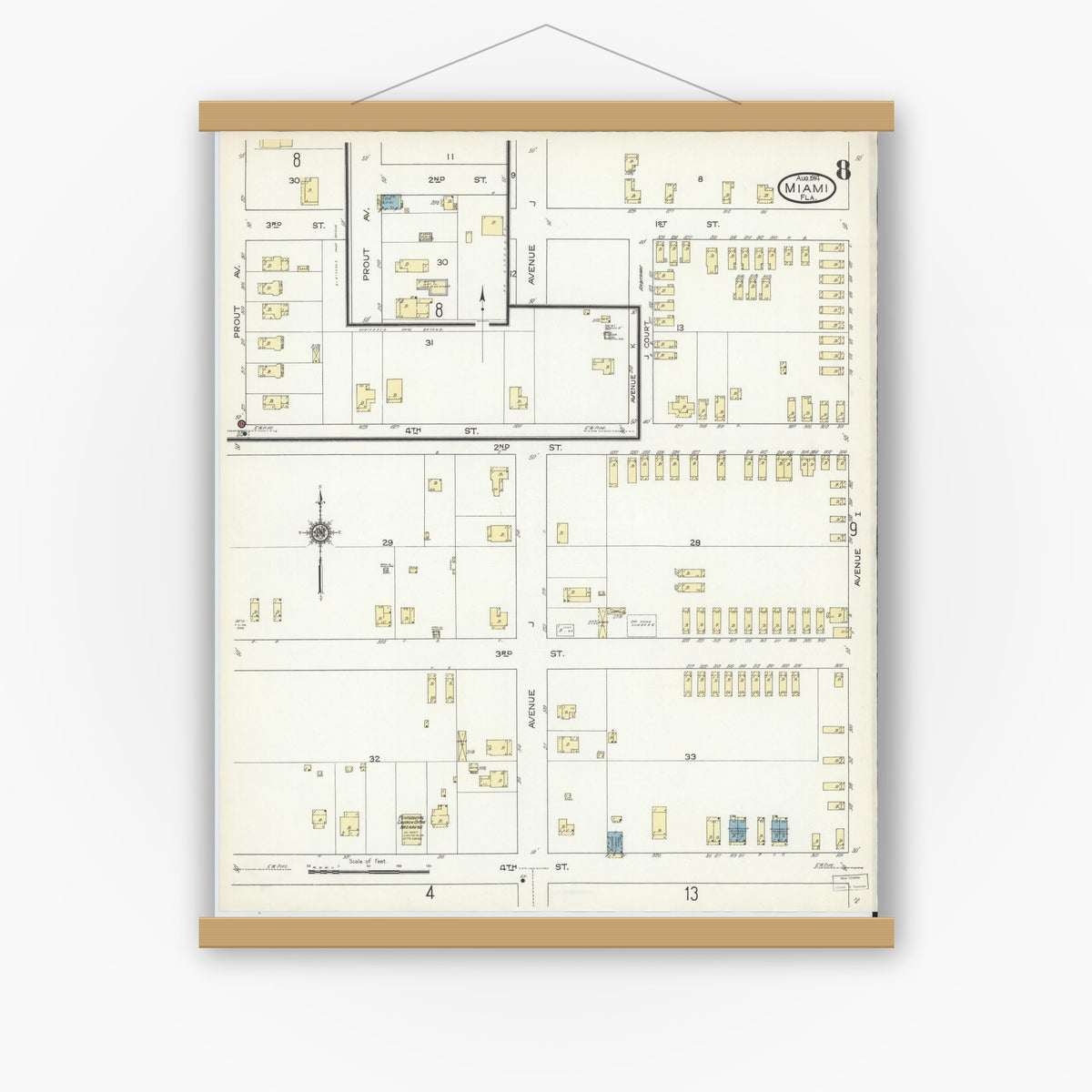 Old map wall art mockup — magnetic wood frame on white wall — Sanborn Fire Insurance Map from Miami, Dade County, Florida (1914), Sheet #0008