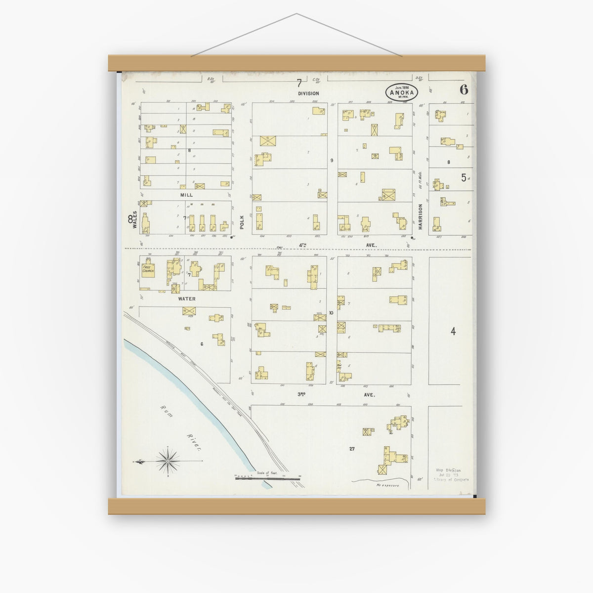 Old map wall art mockup — magnetic wood frame on white wall — Sanborn Fire Insurance Map from Anoka, Anoka County, Minnesota (1898), Sheet #0006