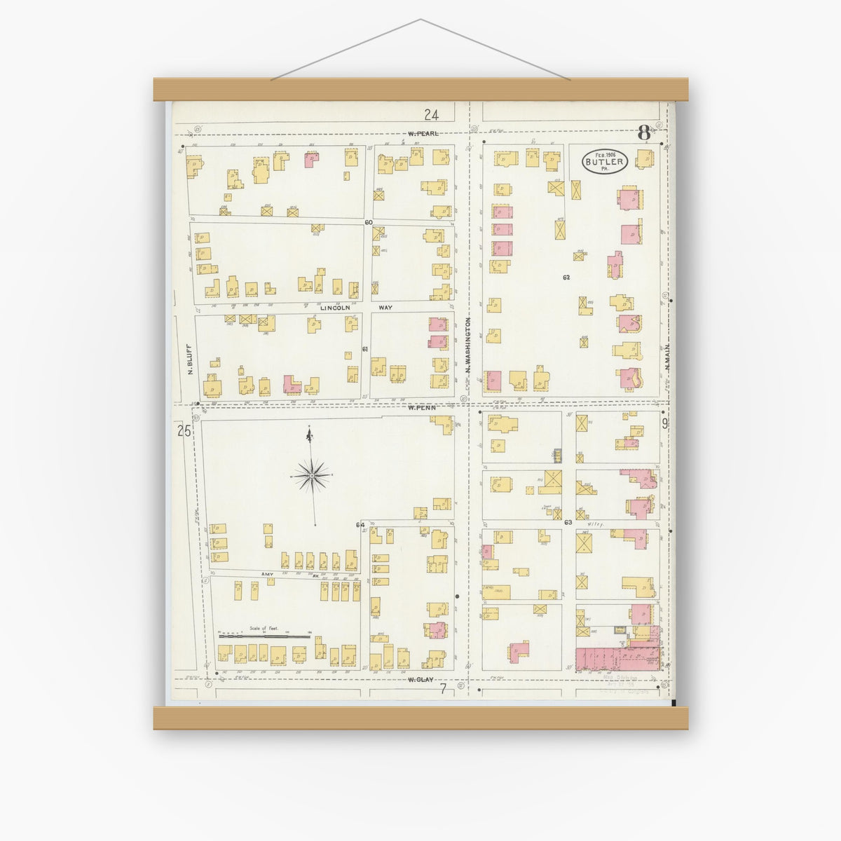 Old map wall art mockup — magnetic wood frame on white wall — Sanborn Fire Insurance Map from Butler, Butler County, Pennsylvania (1906), Sheet #0008