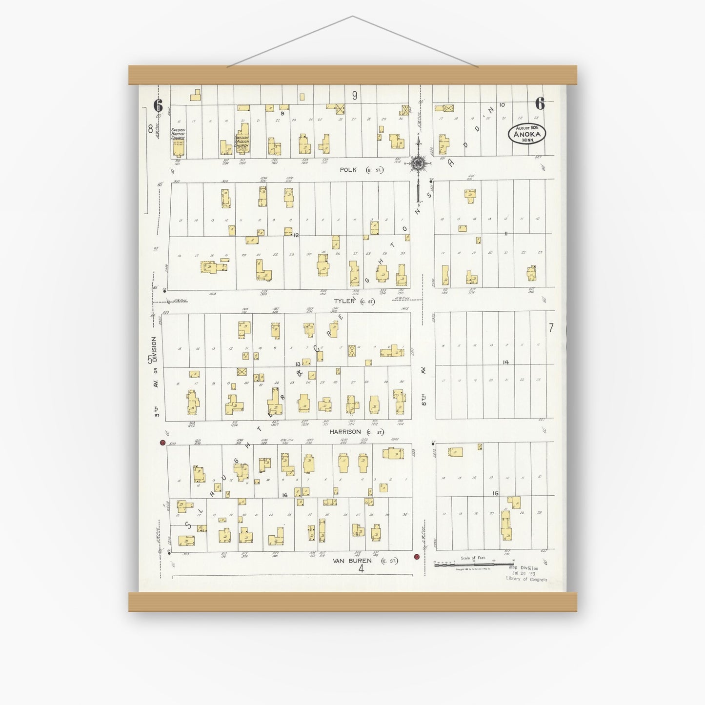 Old map wall art mockup — magnetic wood frame on white wall — Sanborn Fire Insurance Map from Anoka, Anoka County, Minnesota (1925), Sheet #0006