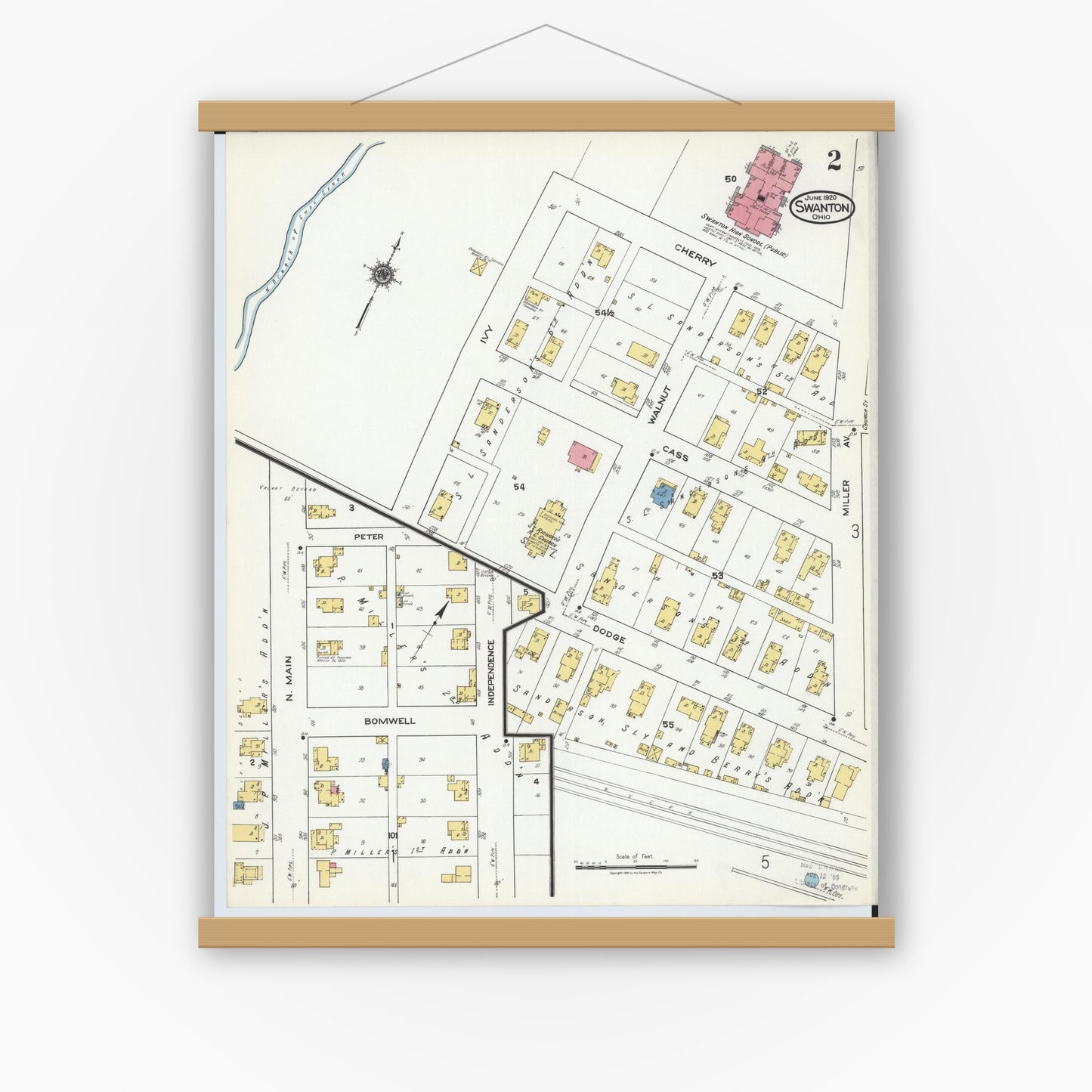 Old map wall art mockup — magnetic wood frame on white wall — Sanborn Fire Insurance Map from Swanton, Fulton County, Ohio (1920), Sheet #0002