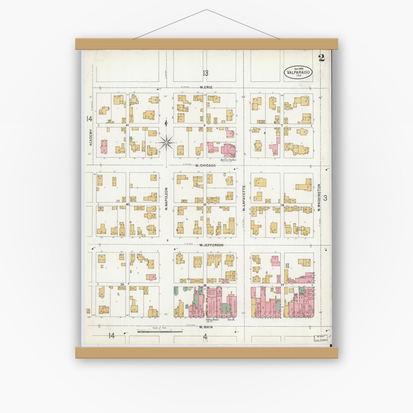 Old map wall art mockup — magnetic wood frame on white wall — Sanborn Fire Insurance Map from Valparaiso, Porter County, Indiana (1899), Sheet #0002