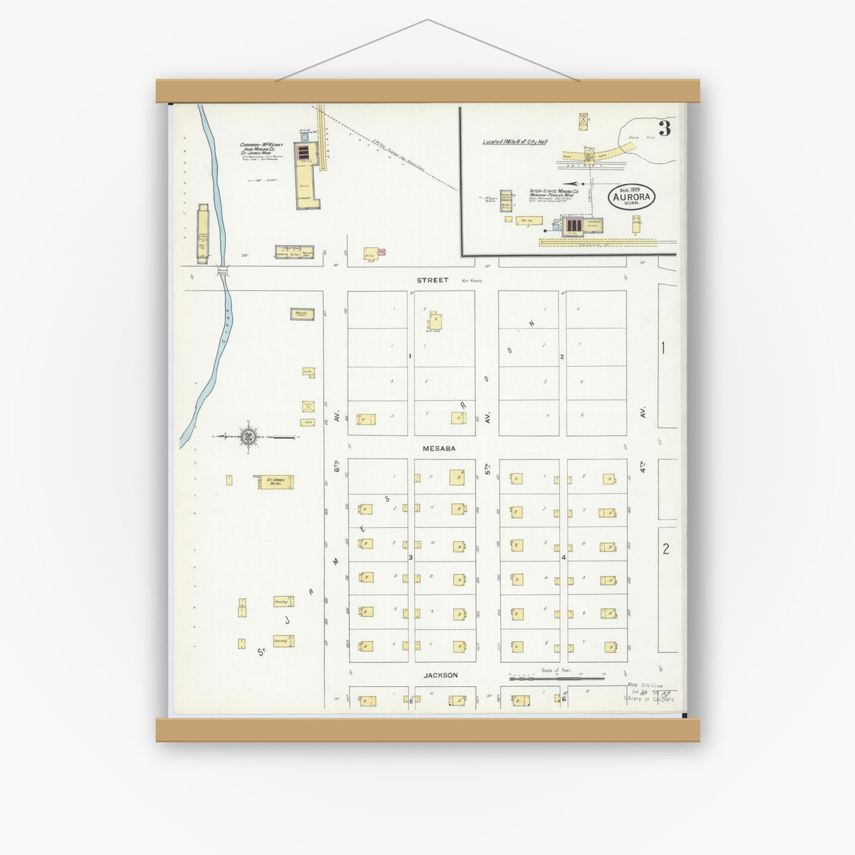 Old map wall art mockup — magnetic wood frame on white wall — Sanborn Fire Insurance Map from Aurora, Saint Louis County, Minnesota (1909), Sheet #0003