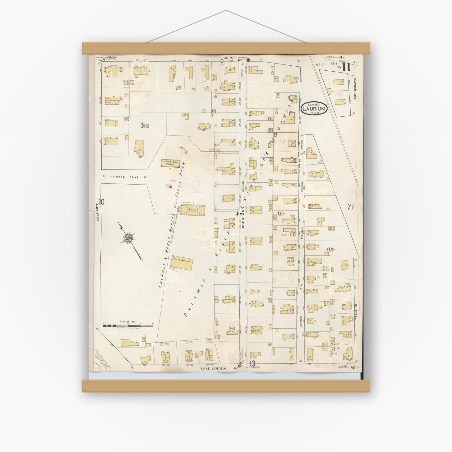 Old map wall art mockup — magnetic wood frame on white wall — Sanborn Fire Insurance Map from Laurium, Houghton County, Michigan (1949), Sheet #0011