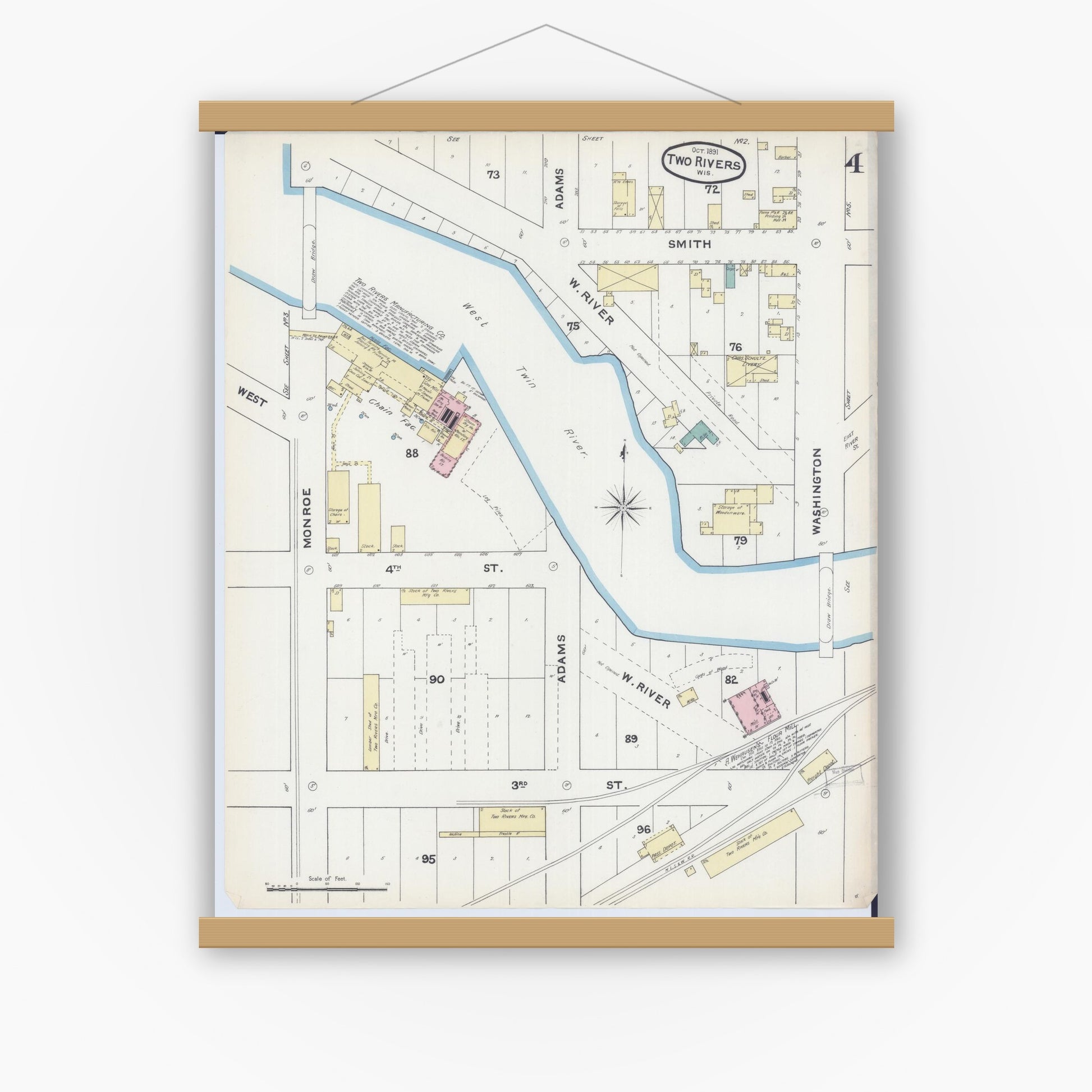 Old map wall art mockup — magnetic wood frame on white wall — Sanborn Fire Insurance Map from Two Rivers, Manitowoc County, Wisconsin (1891), Sheet #0004
