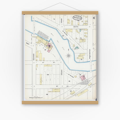 Old map wall art mockup — magnetic wood frame on white wall — Sanborn Fire Insurance Map from Two Rivers, Manitowoc County, Wisconsin (1891), Sheet #0004