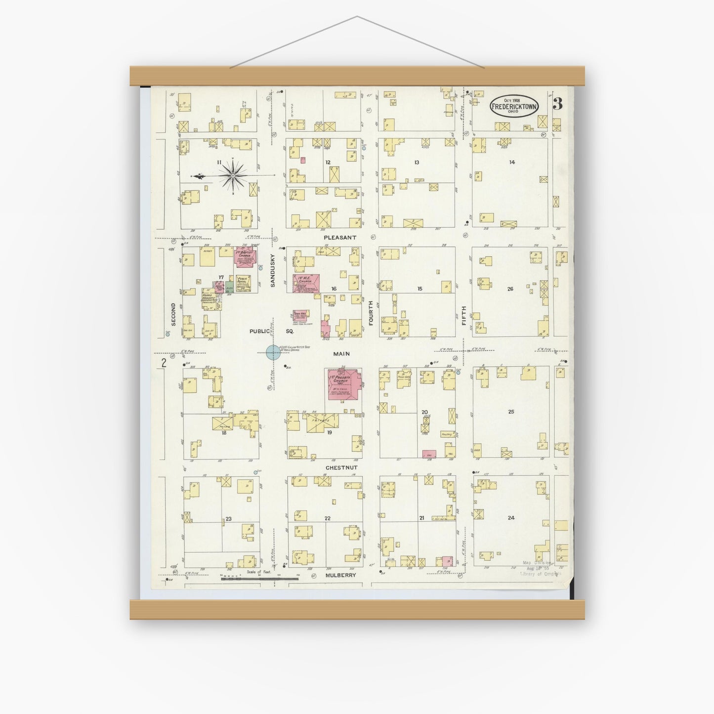 Old map wall art mockup — magnetic wood frame on white wall — Sanborn Fire Insurance Map from Fredericktown, Knox County, Ohio (1908), Sheet #0003